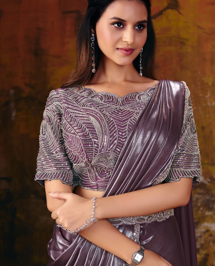 27113 - Deep Purple Embroidered Wedding Party Designer Saree